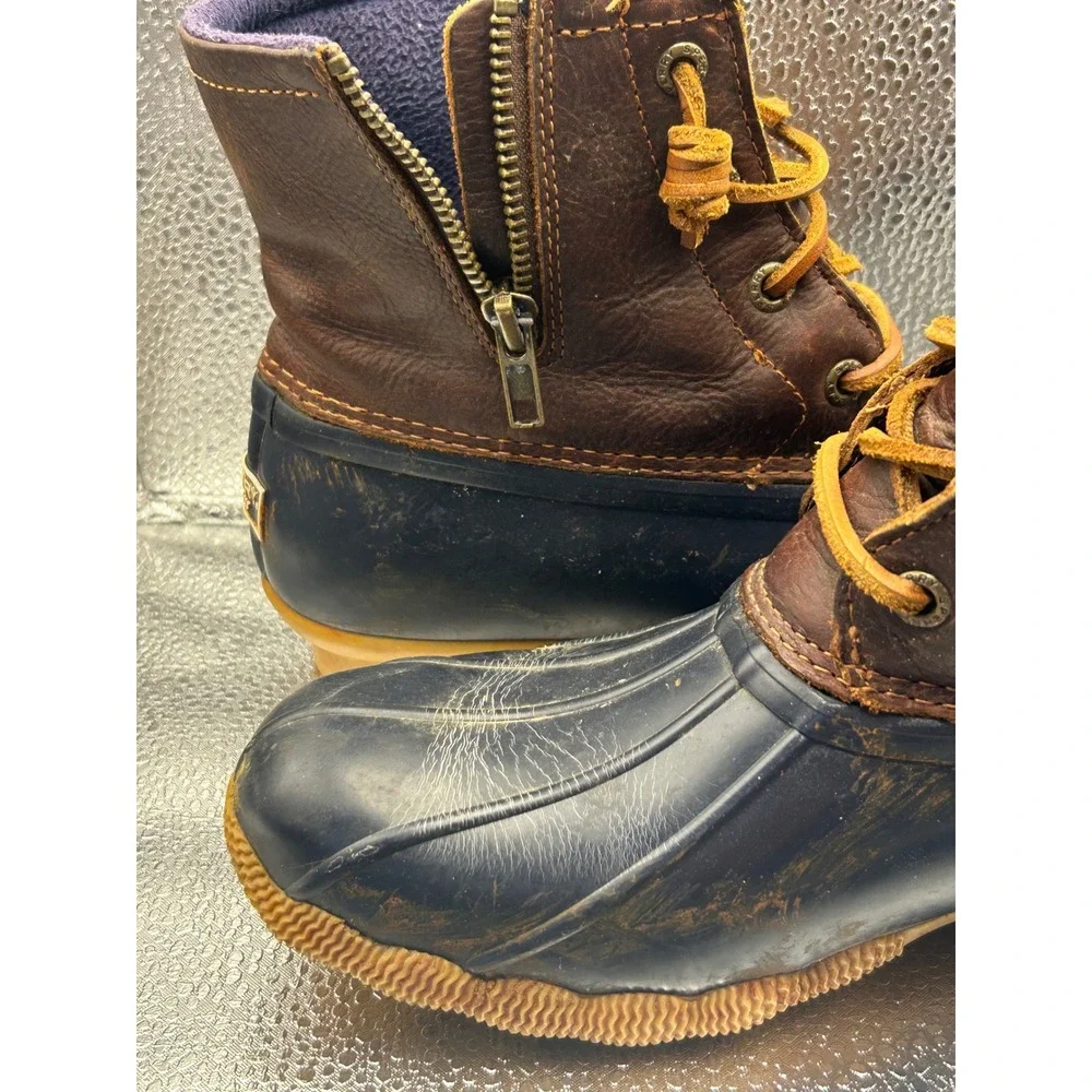 Sperry Saltwater Duck Boots Womens 7 Brown Navy Leather Waterproof STS91175